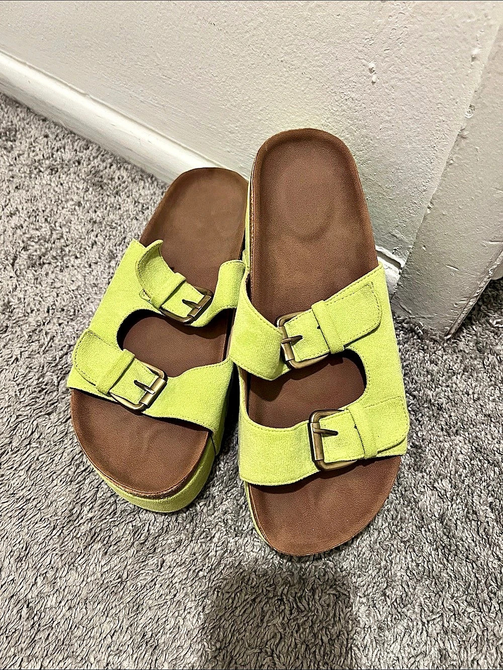 Green & Brown Double-Buckle Sandals